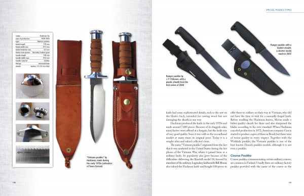 Two pages from "The Puukko" by Schiffer Publishing, Ltd., showcasing images and descriptions of Finnish knives, including the traditional puukko, with detailed photos and info on models, history, and makers like Anssi Ruusuvuori.
