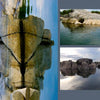A collage of large, smooth granite rocks in calm water from *Faces of the Susquehanna* by Schiffer Publishing, Ltd.—left image shows a mirrored effect; right features rocks beneath cloudy skies and tranquil water.