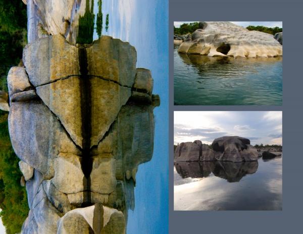A collage of large, smooth granite rocks in calm water from *Faces of the Susquehanna* by Schiffer Publishing, Ltd.—left image shows a mirrored effect; right features rocks beneath cloudy skies and tranquil water.