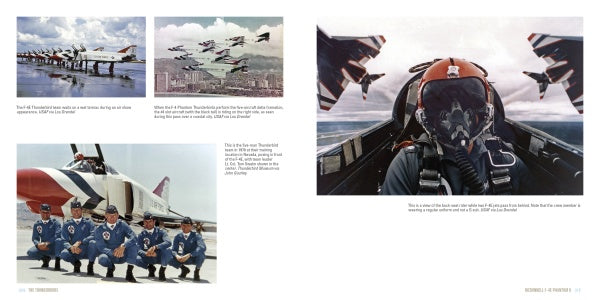 A collage celebrates The Thunderbirds by Schiffer Publishing, Ltd.: jets in formation, a pilot in the cockpit, runway scenes, and a group portrait of the team in blue uniforms at a US Air Force Thunderbirds air show.