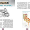 Two-page spread from *Your Pinball Machine* by Schiffer Publishing, Ltd. Left page: vintage illustration of people playing pinball. Right page: color photo of classic pinball machines and text on pinball history and early maintenance.