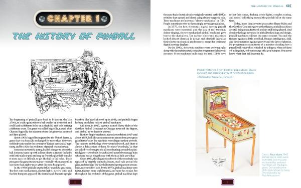 Two-page spread from *Your Pinball Machine* by Schiffer Publishing, Ltd. Left page: vintage illustration of people playing pinball. Right page: color photo of classic pinball machines and text on pinball history and early maintenance.