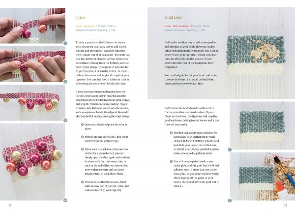 Step-by-step weaving instructions with close-up photos from Welcome to Weaving by Schiffer Publishing, Ltd. make it perfect for beginners. Blue and white woven fabric and colorful beads complete the scene on a white surface.