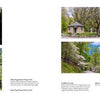 A two-page spread from "Chester County" by Schiffer Publishing, Ltd. showcases Valley Forge National Historical Park: a horse statue at sunset, a log cabin, stone house, winding forest paths, and the Gold Star Families memorial.