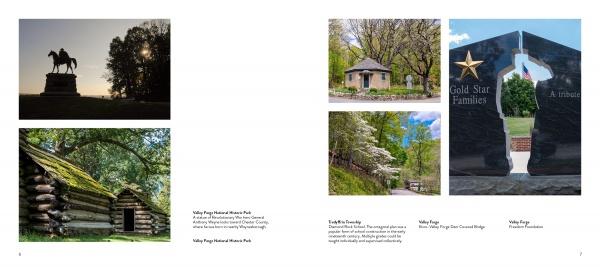 A two-page spread from "Chester County" by Schiffer Publishing, Ltd. showcases Valley Forge National Historical Park: a horse statue at sunset, a log cabin, stone house, winding forest paths, and the Gold Star Families memorial.