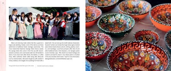 On the left, people in traditional folk costumes dance outdoors; on the right, colorful bowls evoke Cape Cod spirit—just like in Celebrating Cape Cod & the Islands by Schiffer Publishing, Ltd.