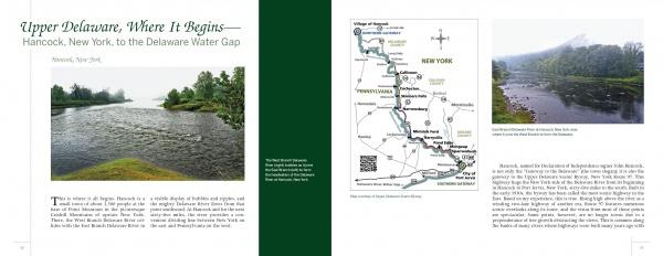 Delaware River Reflections by Schiffer Publishing, Ltd. features a two-page spread with a river scene, a map of the Upper Delaware, text about the river’s start in Hancock, NY, and a photo of misty hills—highlighting this vital East Coast water source.