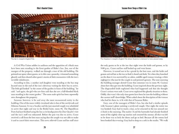 A page spread from "Ohio's Haunted Crimes" (Schiffer Publishing, Ltd.) shows a color photo of a wooden bar with bottles and a dining room with a fireplace—reportedly haunted Ohio locations—with printed text next to the images.