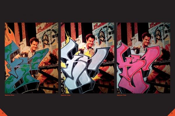 Three panels from KOLORSTORM by Schiffer Publishing, Ltd. show a man and woman smiling before NYC graffiti art. Each panel has Graffantasy-style graffiti in green, silver, or pink, while the background stays the same.