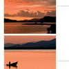 Two sunset lake photos from "Ashland, Oregon" by Schiffer Publishing, Ltd.: top image shows orange sky with clouds above calm water; bottom features a small boat silhouette on orange-reflected water, evoking serene evenings.
