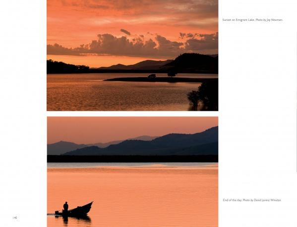 Two sunset lake photos from "Ashland, Oregon" by Schiffer Publishing, Ltd.: top image shows orange sky with clouds above calm water; bottom features a small boat silhouette on orange-reflected water, evoking serene evenings.