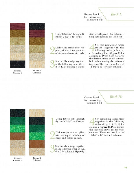 From Ensign's Bars to Colonel's Stars by Schiffer Publishing, Ltd. features a quilt pattern page with fabric swatches, step-by-step Block I & II instructions, and column diagrams—ideal for military or patriotic quilts in brown and green tones.