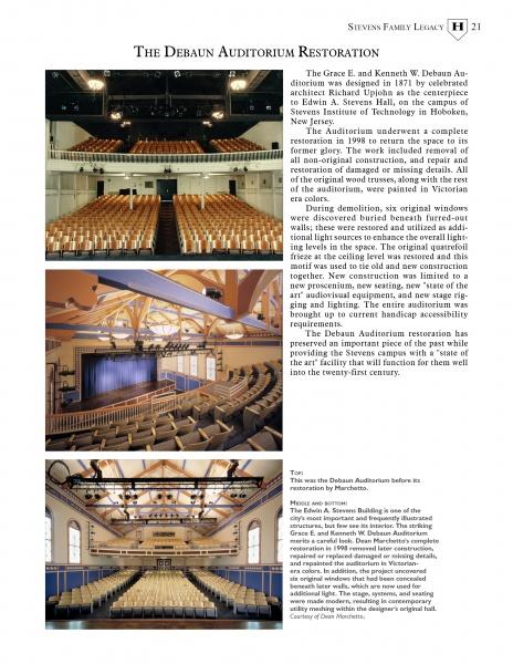 A magazine page displays three photos from "Hoboken" by Schiffer Publishing, Ltd.: restored auditorium seats (top), balcony view (middle), and stage lighting with exposed beams (bottom). Text appears on the right.