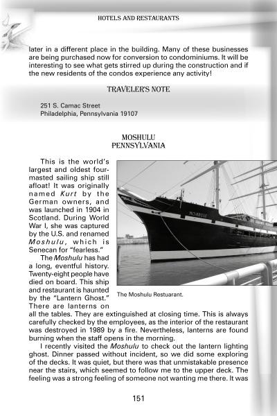 A black-and-white photo features the Moshulu, a tall-masted sailing ship docked at a pier. Schiffer Publishing, Ltd.'s "Supernatural Mid-Atlantic" explores its history, role as a Philadelphia restaurant, and paranormal connections.