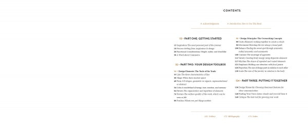 Mastering Contemporary Jewelry Design by Schiffer Publishing, Ltd. features a right-aligned table of contents with three main sections—Getting Started, Your Jewelry Design Toolbelt, and Putting It Together—each listing chapters with brief descriptions.