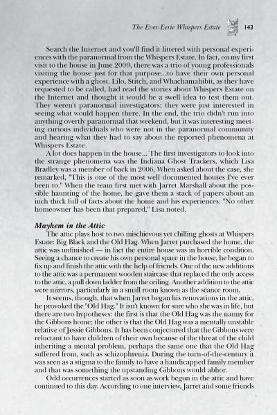 A page from Schiffer Publishing, Ltd.’s *Haunted Hoosier Halls: Indiana University* explores paranormal investigations at Bloomington's Whispers Estate, detailing stories of Southern Indiana ghosts and eerie findings from local investigators.