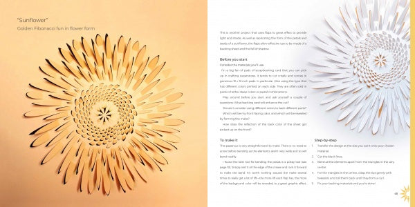 A Papercutting art piece shaped like a sunflower by Schiffer Publishing, Ltd. appears on the left, while step-by-step kirigami instructions with varied text sizes and a small sunflower icon are shown on the right against a light background.