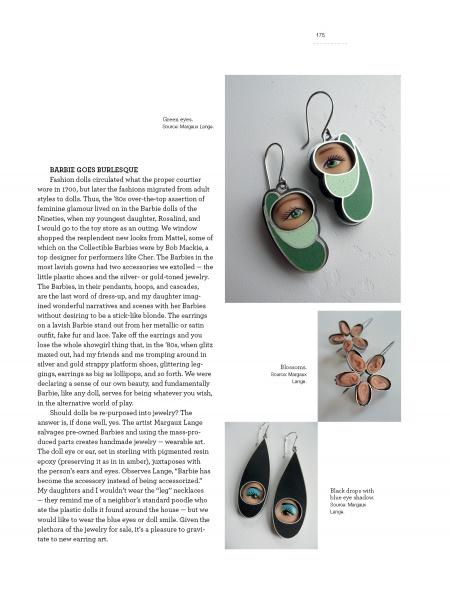 A magazine page spotlights Schiffer Publishing, Ltd.'s "I Love Those Earrings," showcasing a large photo of oval green earrings with painted eyes and smaller images of flower earrings with lips and teardrop earrings with eyes—bold women's fashion pieces.