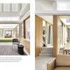 A modern home interior featured in "Australia Modern" by Schiffer Publishing, Ltd. displays large windows and wood accents. The left page shows courtyard and living spaces; the right highlights a dining area, outdoor play, and a beige sofa.