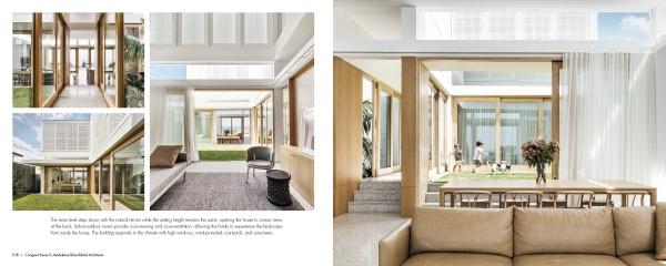 A modern home interior featured in "Australia Modern" by Schiffer Publishing, Ltd. displays large windows and wood accents. The left page shows courtyard and living spaces; the right highlights a dining area, outdoor play, and a beige sofa.