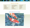 Two vibrant koi fish swim in blue water with a textured, layered background that recreates the look of alcohol ink art—a batik effect inspired by Pigments of Your Imagination from Schiffer Publishing, Ltd. Materials are listed at the page’s top.