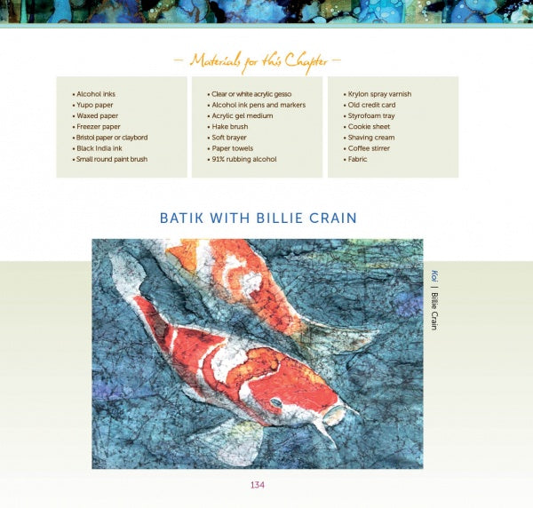 Two vibrant koi fish swim in blue water with a textured, layered background that recreates the look of alcohol ink art—a batik effect inspired by Pigments of Your Imagination from Schiffer Publishing, Ltd. Materials are listed at the page’s top.