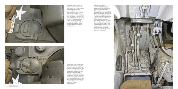 Sherman Tank, Vol. 3 by Schiffer Publishing, Ltd. features close-up photos of M4A2 Sherman WWII tank controls, with detailed shots of hatches and foot pedals, plus descriptive text on a clean white background.