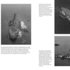 Four black-and-white photos of the USS Iowa (BB-61) at sea—shown from above and the side, some firing guns with smoke rising. Text descriptions appear beside each photo. From Schiffer Publishing, Ltd.
