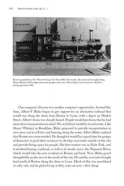 A black and white photo of the REBEL locomotive on tracks with trees appears in "North Shore Lore" by Schiffer Publishing, Ltd., which explores Albert P. Blake’s alternative Boston railroad and its late 1800s North Shore history.