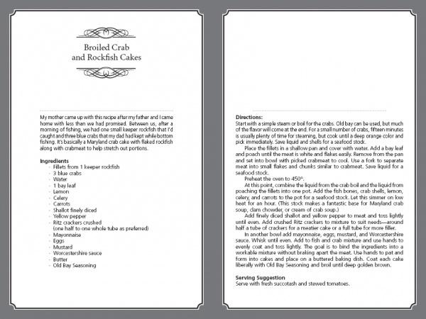 A recipe page for Broiled Crab and Rockfish Cakes, inspired by Fly Fishing the Tidewaters of Maryland's Chesapeake Bay from Schiffer Publishing, Ltd., features ingredients on the left, directions on the right, and a decorative white border.