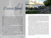 An open book, Hudson Valley History and Mystery by Schiffer Publishing, Ltd., shows a left page titled Croton Point with faint butterfly illustrations and text, while the right page features a sunset photo of a rocky shoreline and tales of mysterious sites above descriptive text.