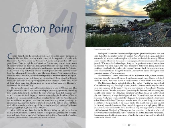 An open book, Hudson Valley History and Mystery by Schiffer Publishing, Ltd., shows a left page titled Croton Point with faint butterfly illustrations and text, while the right page features a sunset photo of a rocky shoreline and tales of mysterious sites above descriptive text.