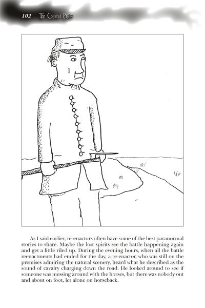 A black-and-white sketch shows a uniformed Civil War soldier with a sword by a fence, with text about ghost stories from the North Carolina Haunts book by Schiffer Publishing, Ltd. shown beneath the illustration.
