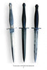Three The Fairbairn-Sykes Fighting Knife models by Schiffer Publishing, Ltd. stand upright side by side, each featuring a double-edged blade, crossguard, and unique metal handle designs in varied colors and textures—perfect for British dagger collectors.