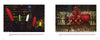 Two stunning night-time images from ’Tis the Season New York by Schiffer Publishing, Ltd.: oversized colorful Christmas lights on the left, and giant red ornaments by a fountain with illuminated trees and buildings on the right.