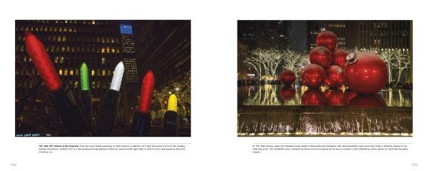 Two stunning night-time images from ’Tis the Season New York by Schiffer Publishing, Ltd.: oversized colorful Christmas lights on the left, and giant red ornaments by a fountain with illuminated trees and buildings on the right.
