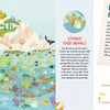 Illustration of a lively, shallow ocean near rocks from "The Sea" by Schiffer Publishing, Ltd., featuring colorful coral, fish, turtles, seaweed, and more. The right page unveils sea secrets and lists hidden creatures for readers to discover.