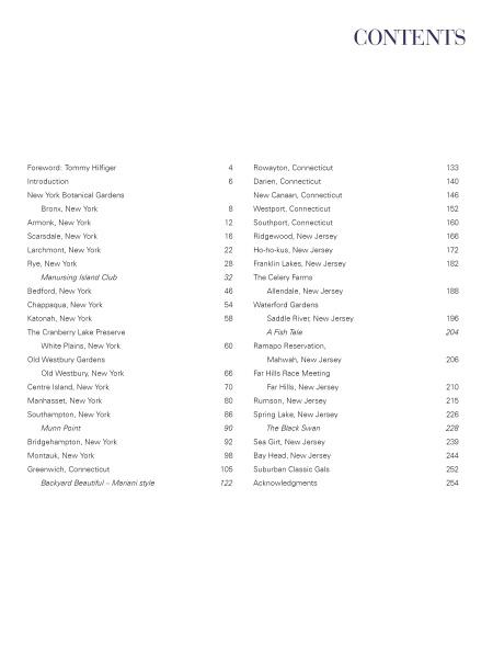 The Suburban Classic table of contents lists chapters by location—New York suburbs, nearby small towns, celebrity homes—with page numbers. CONTENTS is shown in blue at the top right. Published by Schiffer Publishing, Ltd.