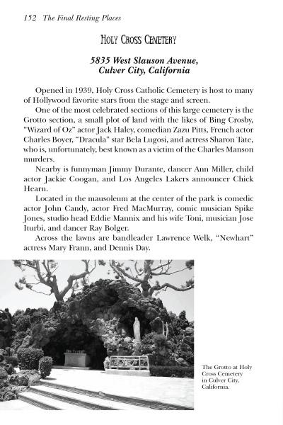 A page from "The Final Curtain" by Schiffer Publishing, Ltd. describes Holy Cross Cemetery in Culver City, CA, with a B&W photo of its Grotto—a serene site famed for its arched stones and notable Hollywood residents.