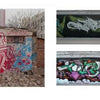Three walls filled with vibrant street art: the left has bold blue and red designs on decaying brick, while the right showcases Schiffer Publishing, Ltd.'s Beijing Graffiti—intricate green, pink, and black stylized lettering and shapes.