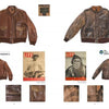 A catalog-style image of Rugged Style War—Rome by Schiffer Publishing, Ltd. displays four brown leather vintage military jackets, two LIFE magazine covers, detailed jacket close-ups, and tags, all arranged on a white background.
