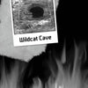 A black and white image for Schiffer Publishing, Ltd.'s Campfire Tales Kentucky shows a photo labeled Wildcat Cave—a dark entrance amid trees—overlaid on paper with campfire tales and flames at the bottom.