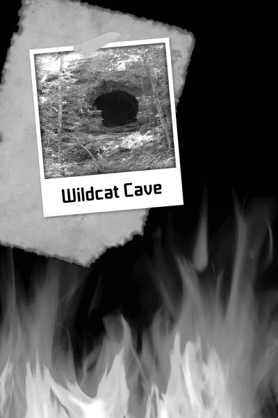 A black and white image for Schiffer Publishing, Ltd.'s Campfire Tales Kentucky shows a photo labeled Wildcat Cave—a dark entrance amid trees—overlaid on paper with campfire tales and flames at the bottom.