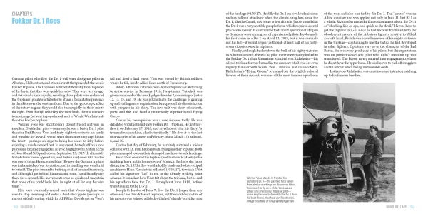 A two-page spread from Schiffer Publishing, Ltd.'s "Fokker Dr. 1" shows "Fokker Dr.1 Aces" text in two columns on the left, with WWI German fighter aviation history and a pilot beside a biplane photo on the right.
