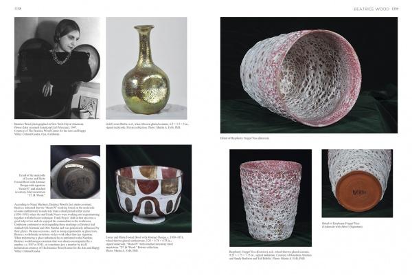 Emerging from the Shadows, Vol. IV by Schiffer Publishing, Ltd. features a two-page art catalog spread with a B&W portrait of a woman, a gold ceramic bottle, and five unique ceramic vessels, each described in this women artists book.