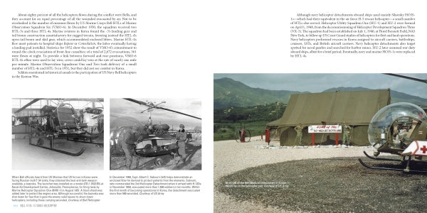 A two-page spread from Schiffer Publishing, Ltd.'s Bell 47/H-13 Sioux Helicopter book shows black-and-white photos of helicopters and personnel on the left, and a color image of a medical tent, helicopter, and mountains on the right, with text above and below.