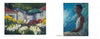 On the left, "Fire and Light" by Schiffer Publishing, Ltd.: a vivid garden scene with flowers, green umbrella, and white cottages; on the right, a portrait of a woman in a white dress against blue-green.