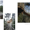 Tree Houses Reimagined by Schiffer Publishing, Ltd. features a wooden treehouse with round turrets and a long rope bridge connecting to a deck, nestled among tall trees—an idyllic garden retreat. Multiple views of the treehouse and bridge are included.