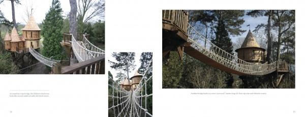 Tree Houses Reimagined by Schiffer Publishing, Ltd. features a wooden treehouse with round turrets and a long rope bridge connecting to a deck, nestled among tall trees—an idyllic garden retreat. Multiple views of the treehouse and bridge are included.