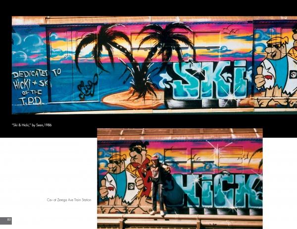 From the Platform: Subway Graffiti, 1983-1989 by Schiffer Publishing, Ltd. showcases a 1986 train car with palm trees, blue SKI letters, characters, and a dedication to Hicki and Ski—evoking the vibrant spirit of 1980s NYC street art.